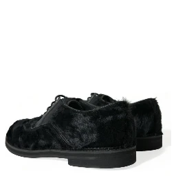 Black Fur Leather Lace Up Derby Dress Shoes
