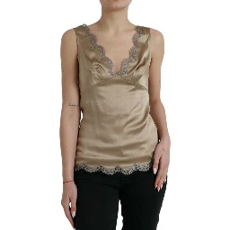 Brown Lace Trim V-neck Sleeveless Tank Top