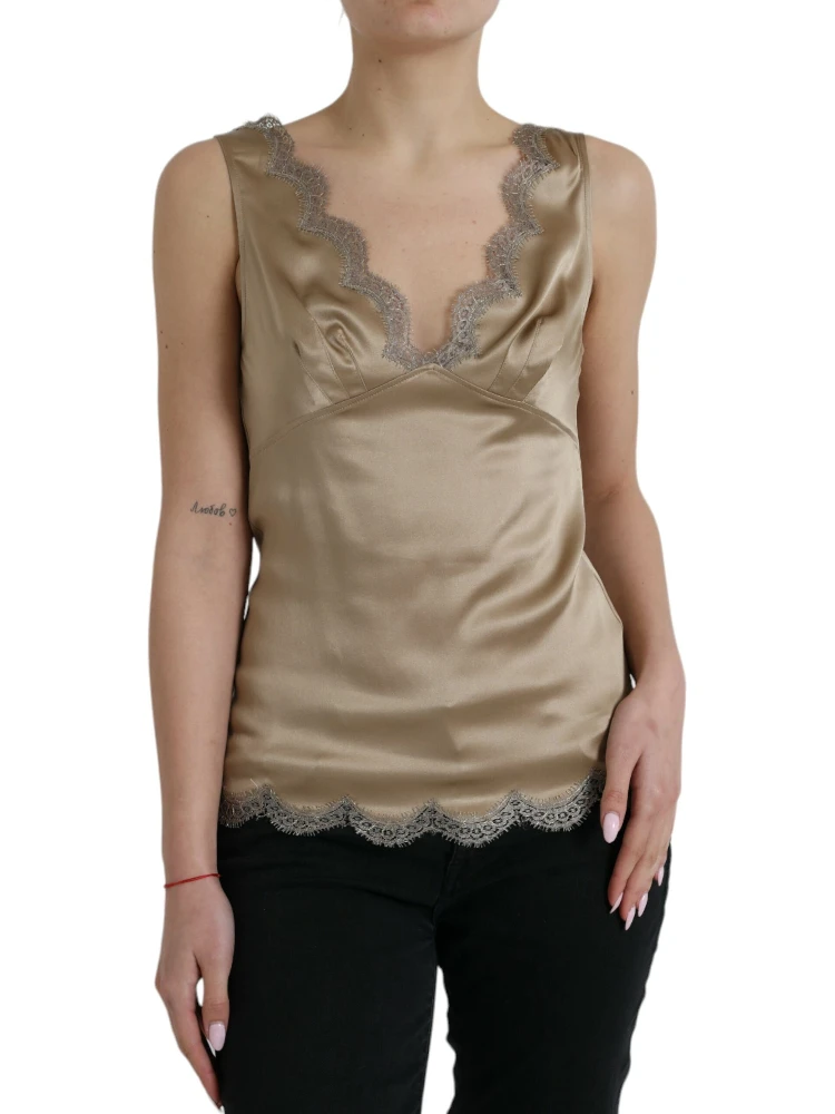 Brown Lace Trim V-neck Sleeveless Tank Top