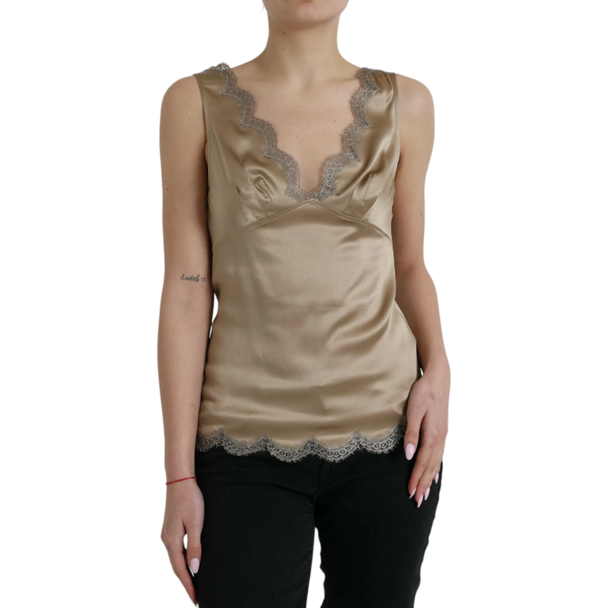 Brown Lace Trim V-neck Sleeveless Tank Top