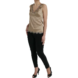 Brown Lace Trim V-neck Sleeveless Tank Top