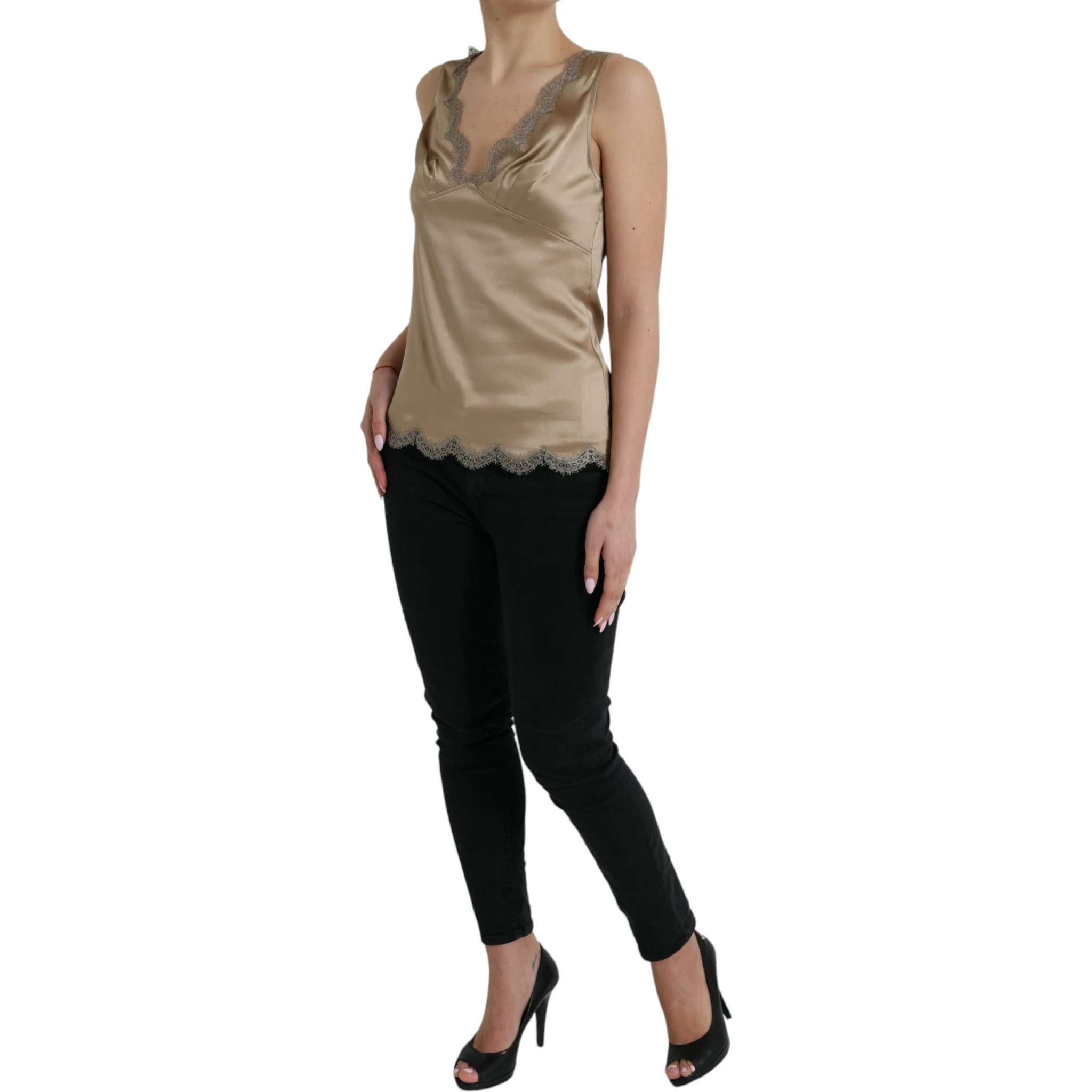 Brown Lace Trim V-neck Sleeveless Tank Top
