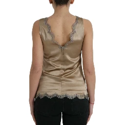 Brown Lace Trim V-neck Sleeveless Tank Top