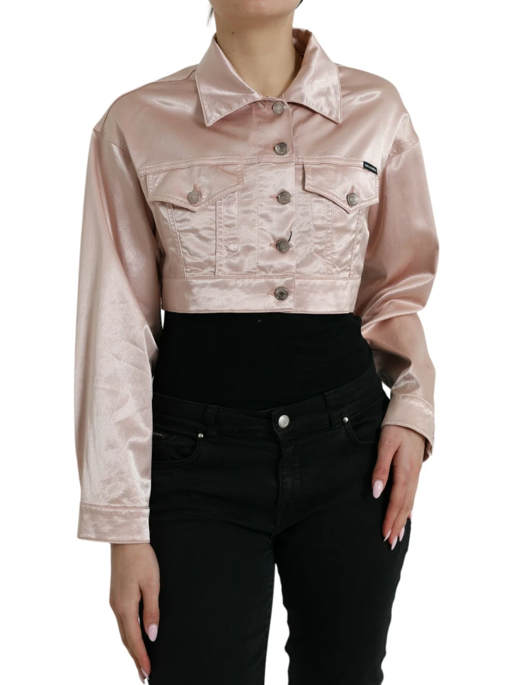 Pink Cotton Stretch Collared Cropped Jacket