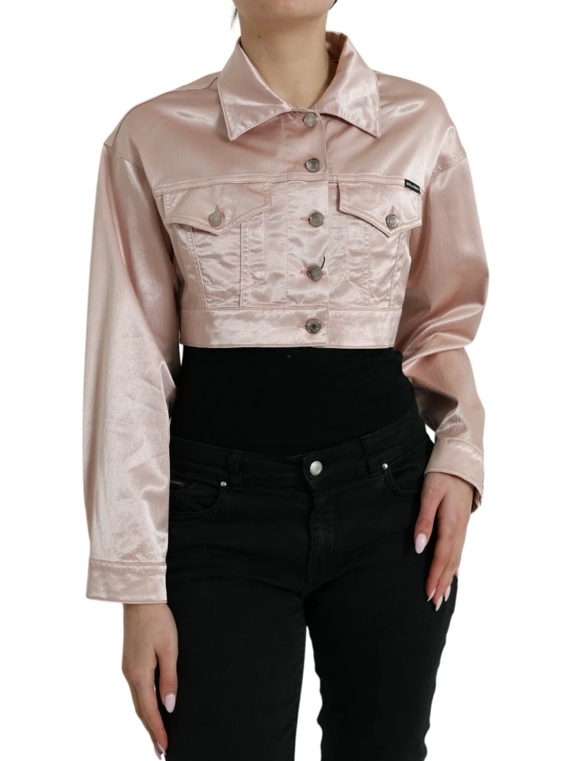 Pink Cotton Stretch Collared Cropped Jacket