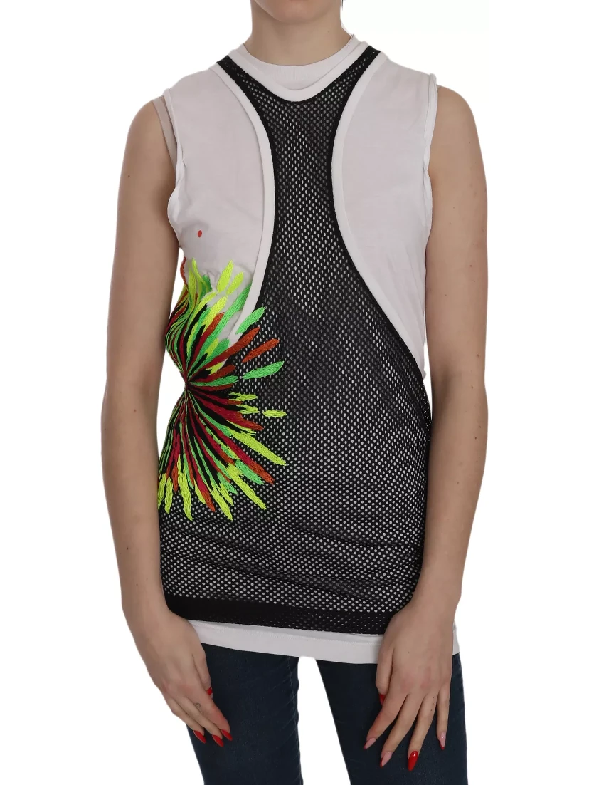 Black White Crew Neck Sleeveless Cotton Blouse