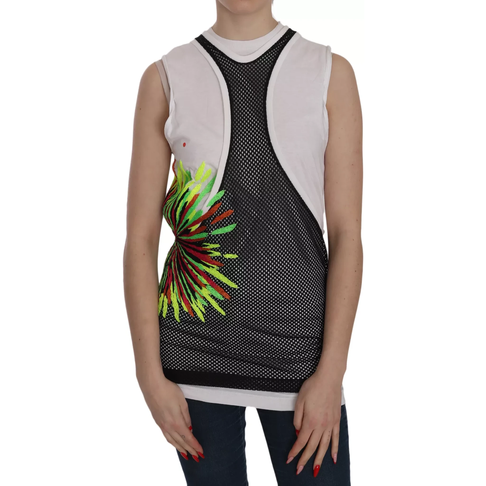 Black White Crew Neck Sleeveless Cotton Blouse