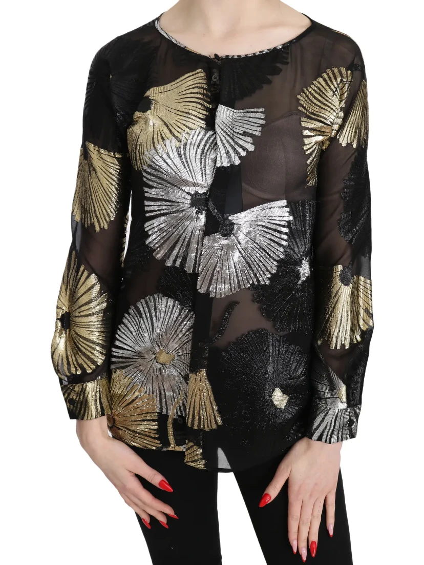 Gold Silver Silk Jacquard See Through Top Blouse