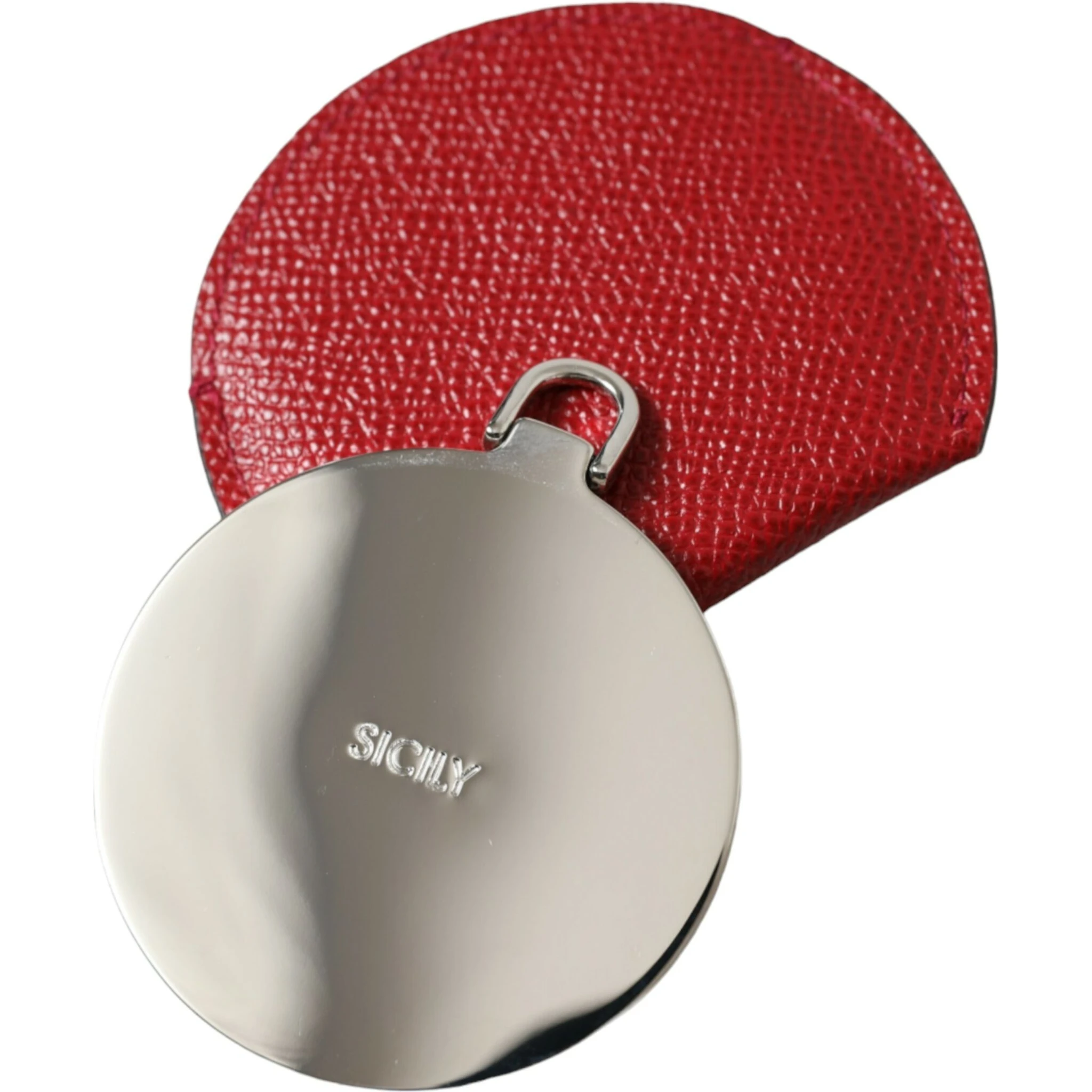 Red Calfskin Leather Round Logo Hand Mirror Holder
