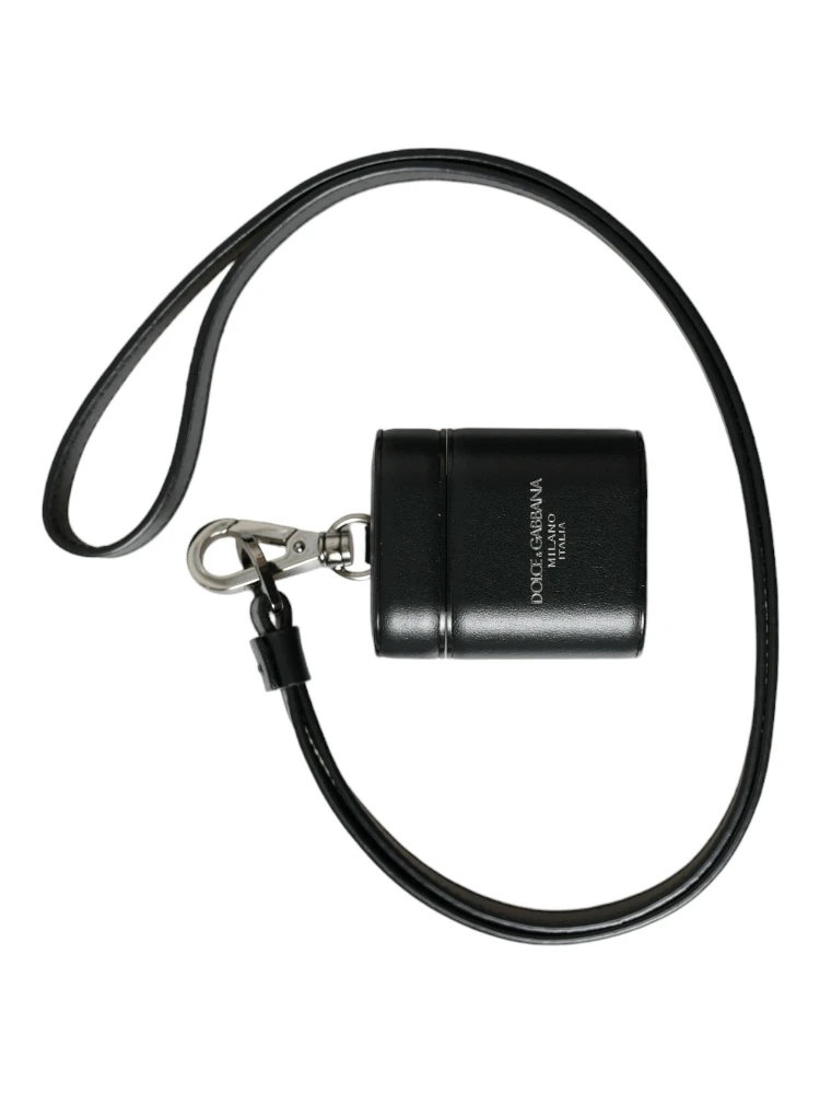 Black Leather Strap Silver Metal Logo Printed Airpods Case