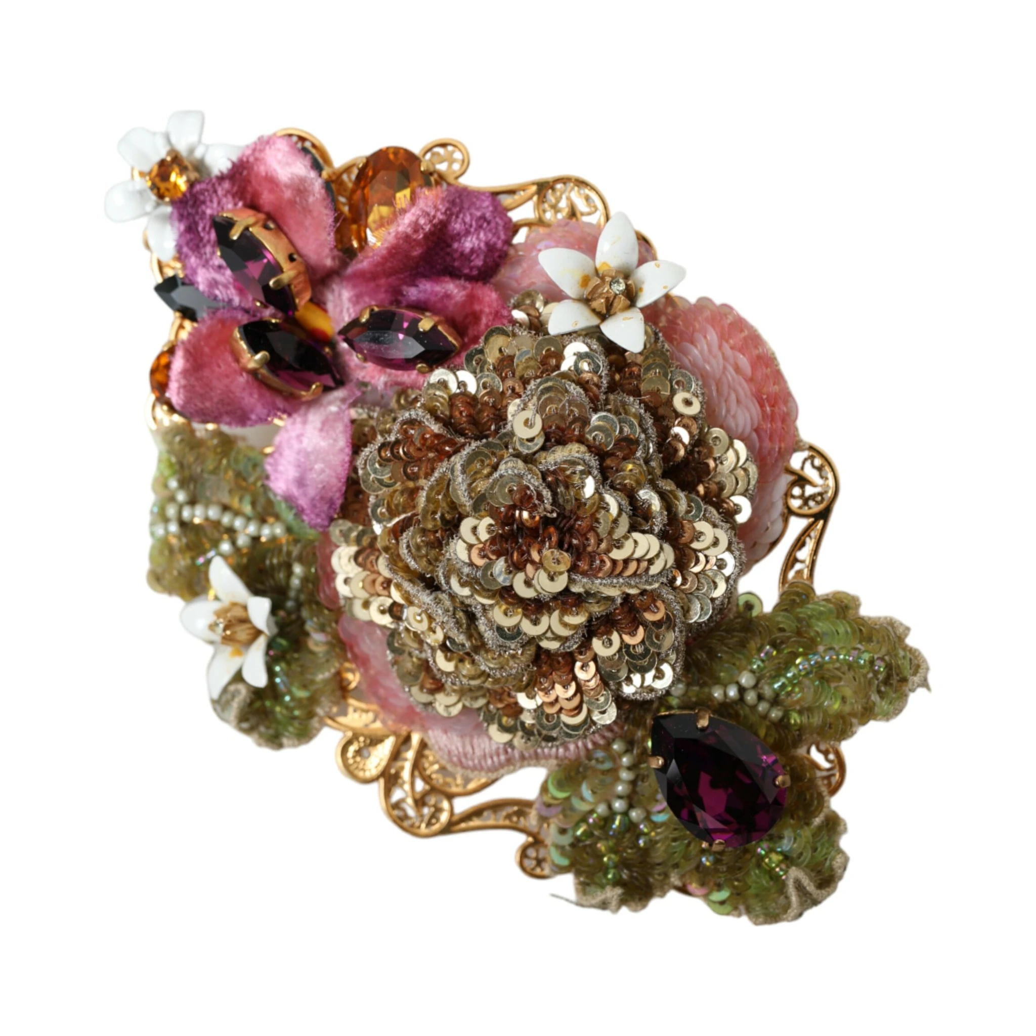 Gold Brass Floral Crystal Sequined Hair Clip