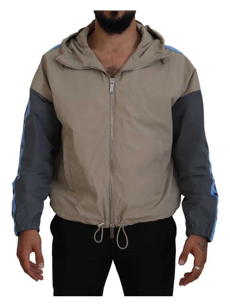Brown Gray Sleeves Hooded Full Zip Jacket