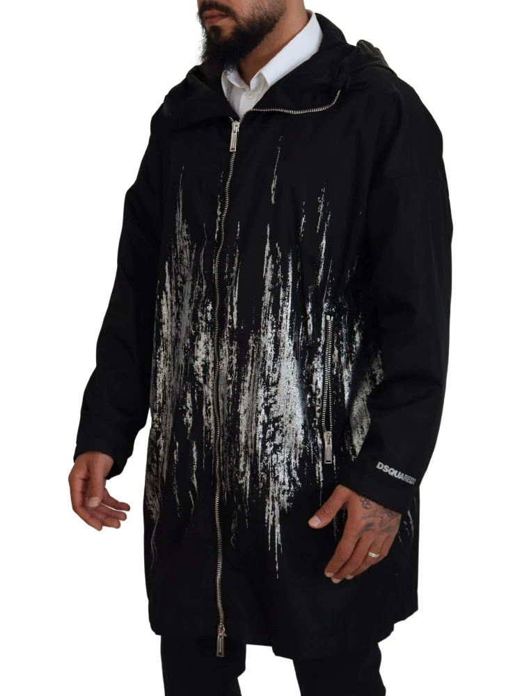 Black White Print Long Hooded Coat Nylon Jacket alternative