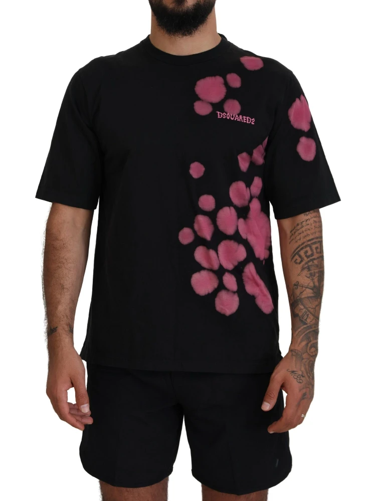 Black Pink Cotton Short Sleeves Crewneck T-shirt