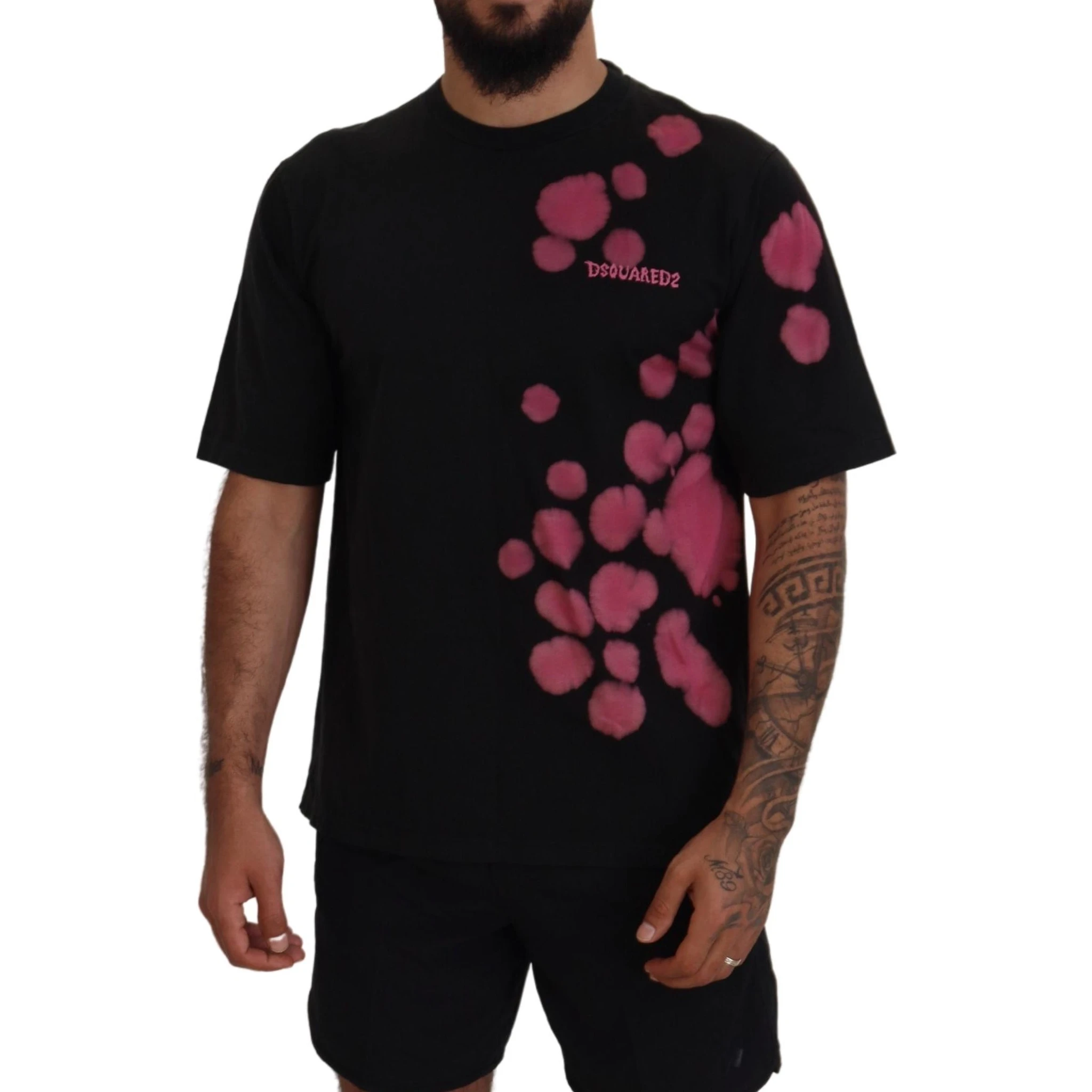 Black Pink Cotton Short Sleeves Crewneck T-shirt
