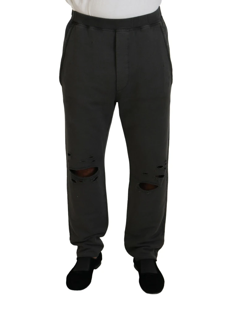 Dark Gray Cotton Men Casual Tattered Pants