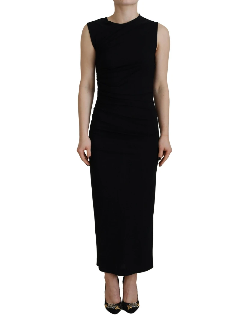 Black Viscose Sleeveless Ruched Maxi Dress