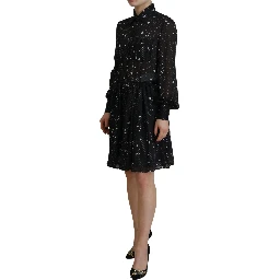 Black Polka Dot Long Sleeves Button Down Dress