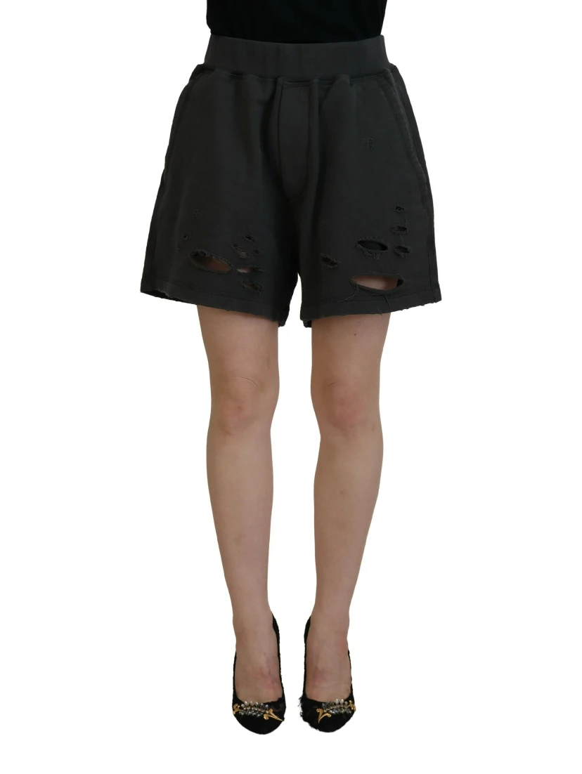 Black Cotton Mid Waist Tattered Tapered Shorts