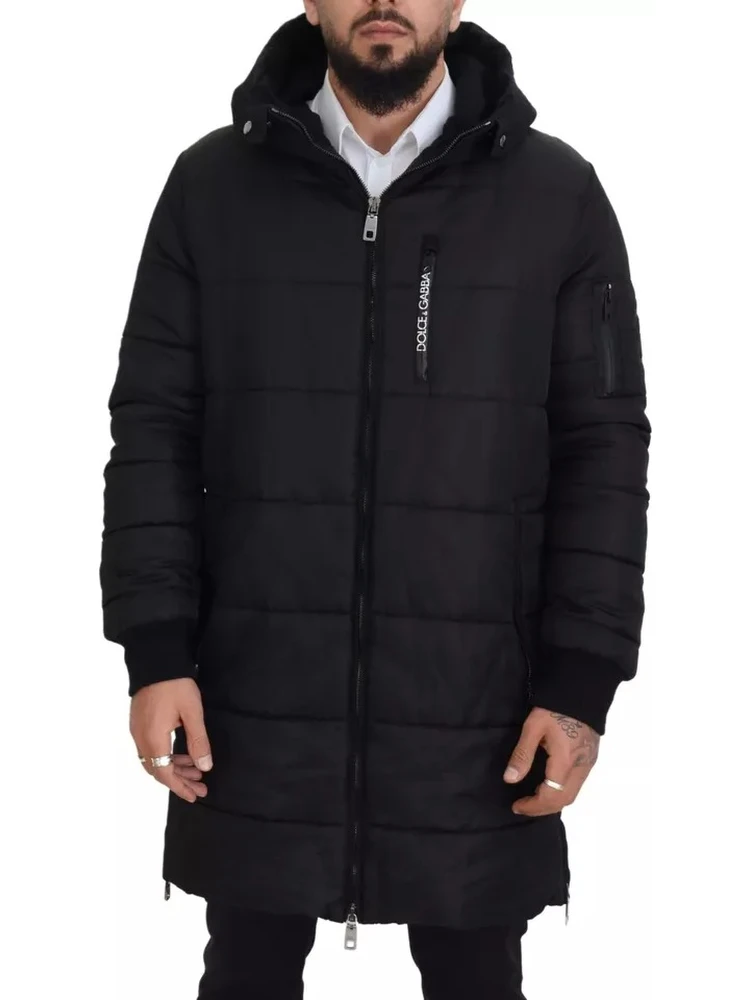 Black Nylon Hooded Parka Coat Winter Jacket