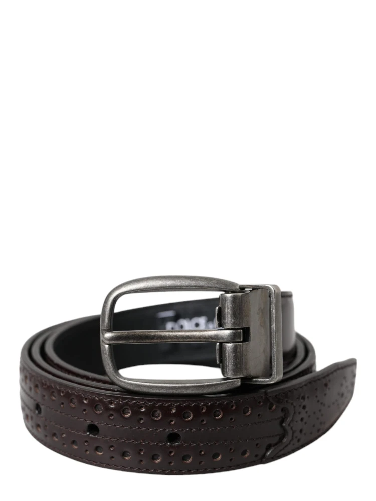 Dark Brown Perforated Leather Metal Buckle Belt Men alternative