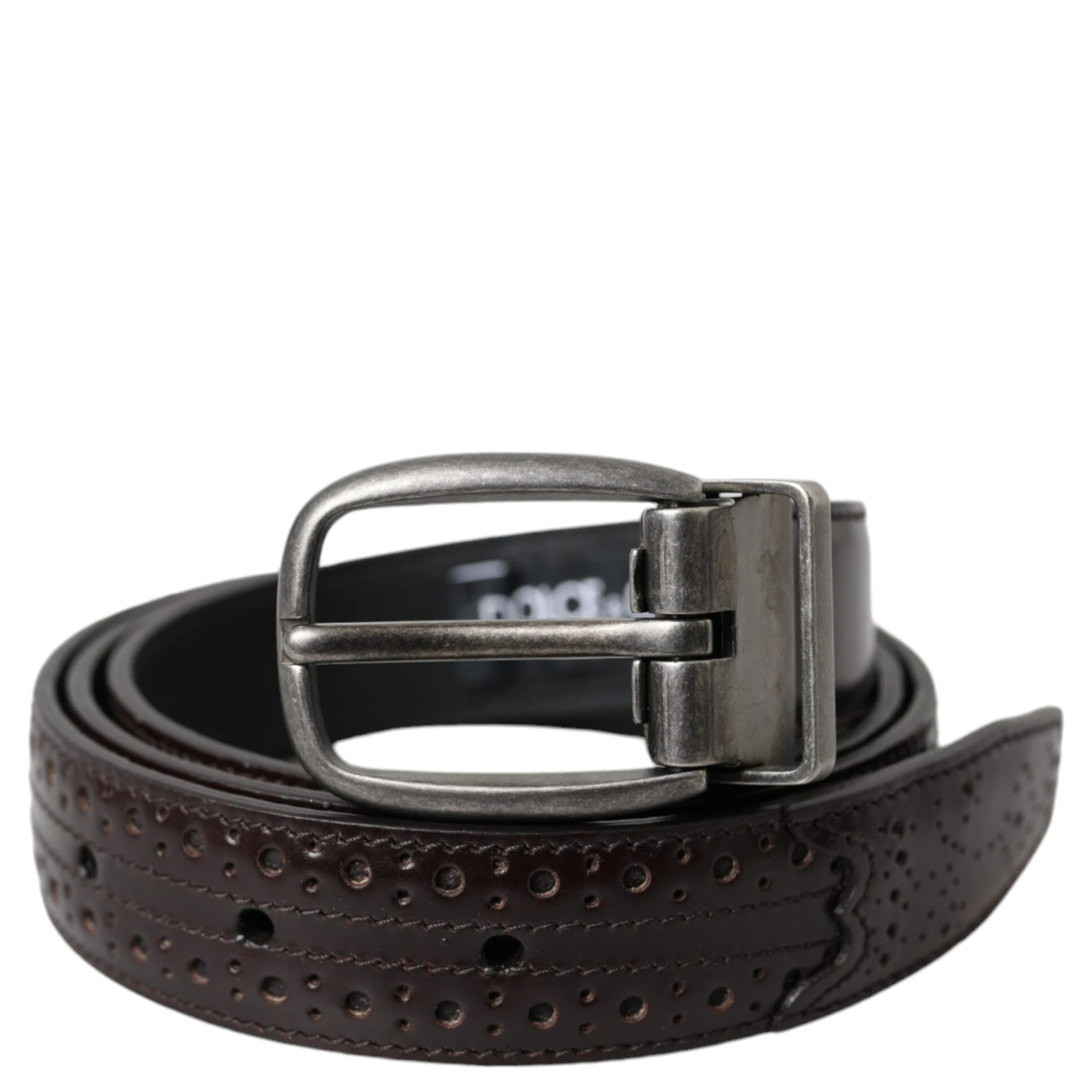Dark Brown Perforated Leather Metal Buckle Belt Men