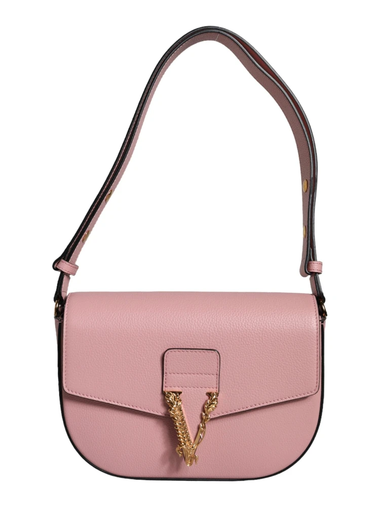 Pink Grainy Calf Leather Logo Crossbody Shoulder Bag