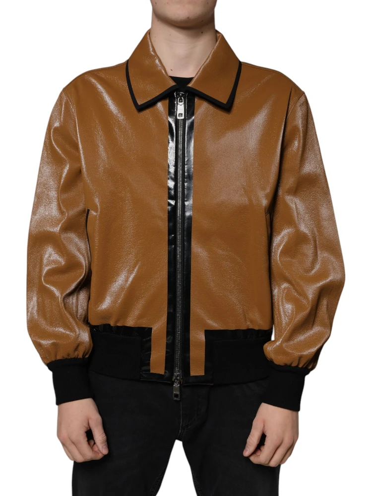 Brown Leather Full Zip Men Bomber Jacket alternative