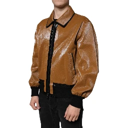 Brown Leather Full Zip Men Bomber Jacket