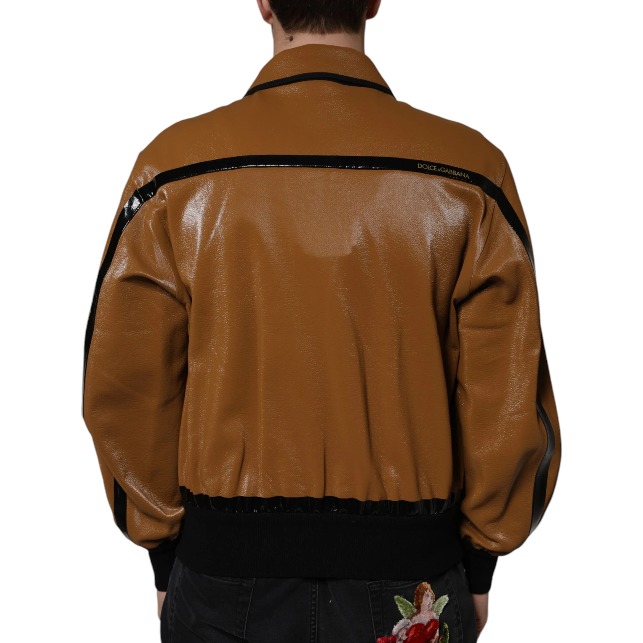Brown Leather Full Zip Men Bomber Jacket