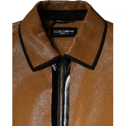 Brown Leather Full Zip Men Bomber Jacket