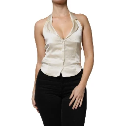 Off White Silk Sleeveless Buttoned Halter Top