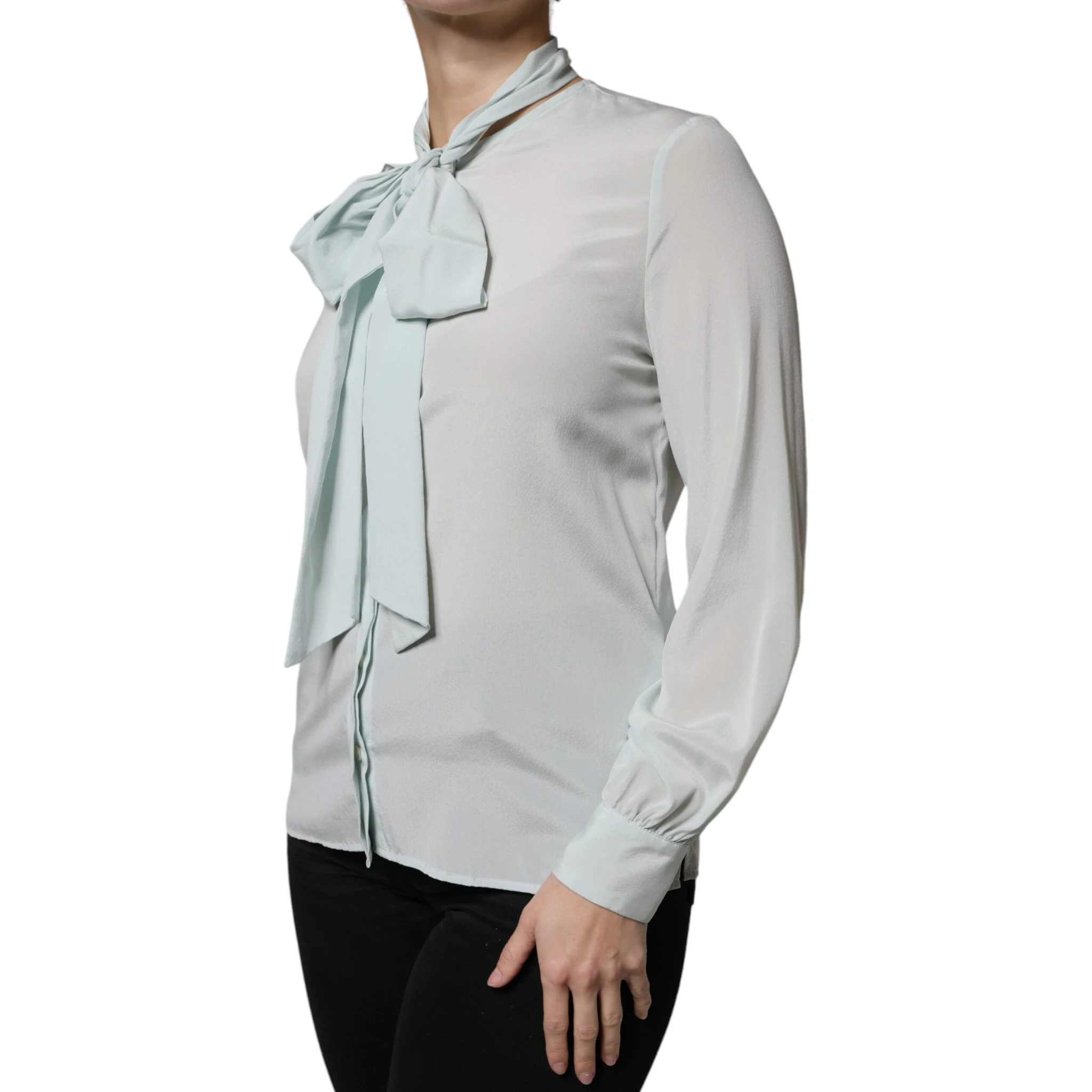 Light Blue Silk Ascot Collared Long Sleeves Top