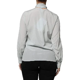 Light Blue Silk Ascot Collared Long Sleeves Top