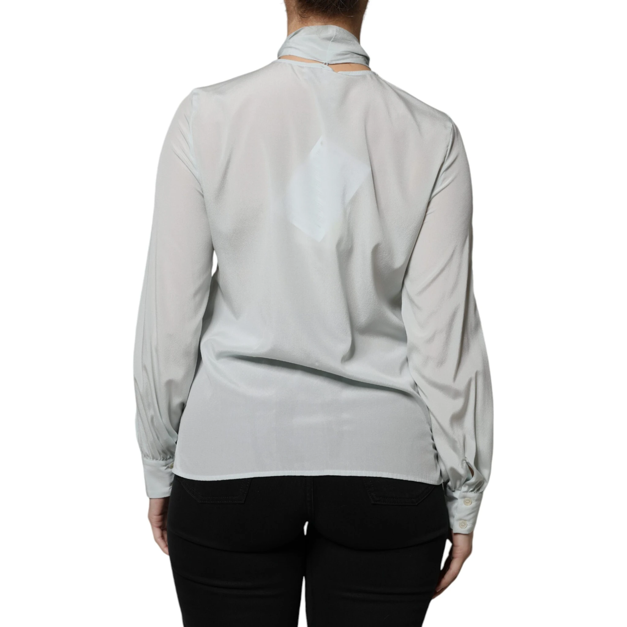 Light Blue Silk Ascot Collared Long Sleeves Top