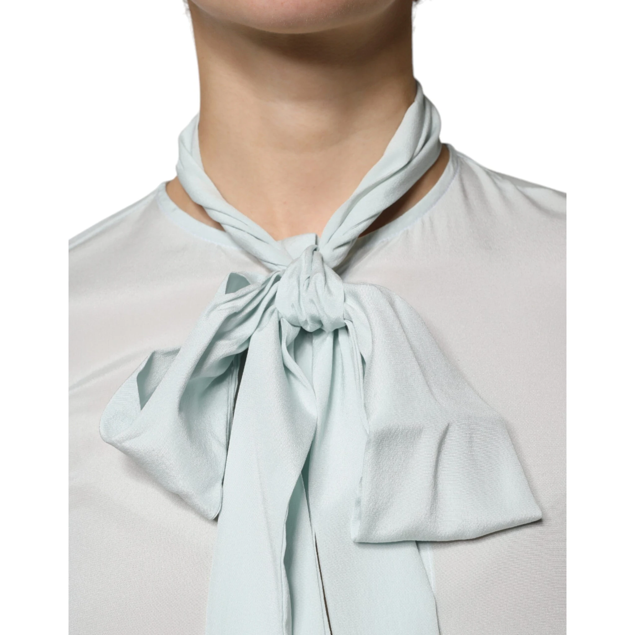 Light Blue Silk Ascot Collared Long Sleeves Top