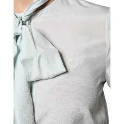 Light Blue Silk Ascot Collared Long Sleeves Top