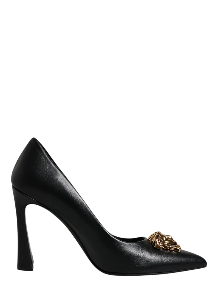 Black Leather Logo Plaque High Heels Pumps Shoes
