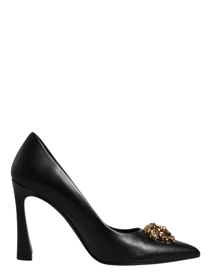 Black Leather Logo Plaque High Heels Pumps Shoes