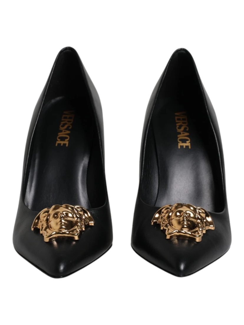 Black Leather Logo Plaque High Heels Pumps Shoes