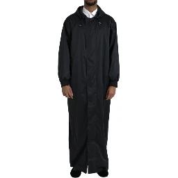 Black Polyester Hooded Long Windbreaker Jacket