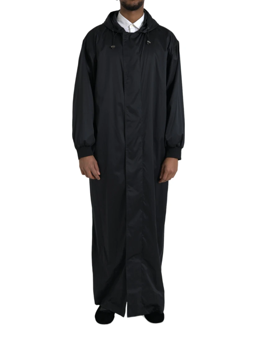 Black Polyester Hooded Long Windbreaker Jacket