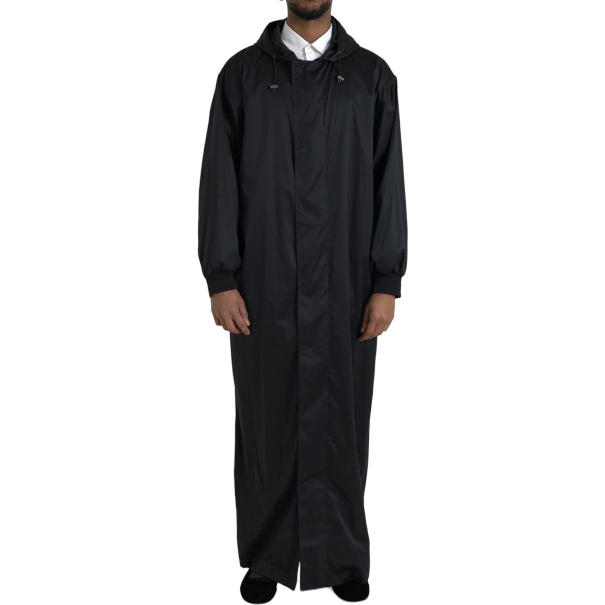 Black Polyester Hooded Long Windbreaker Jacket