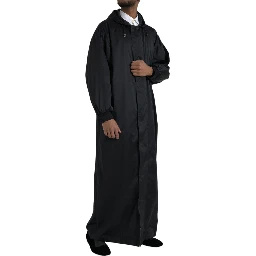 Black Polyester Hooded Long Windbreaker Jacket