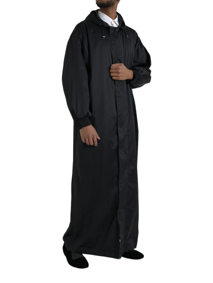 Black Polyester Hooded Long Windbreaker Jacket