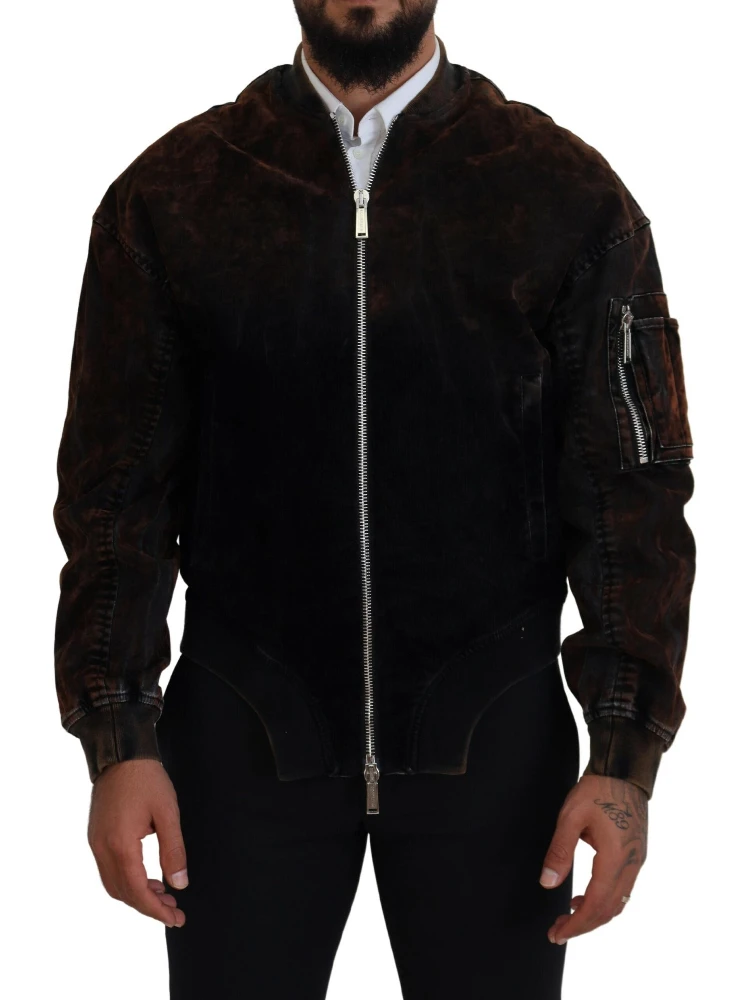 Brown Cotton Bomber Zipper Pocket Sleeves Jacket