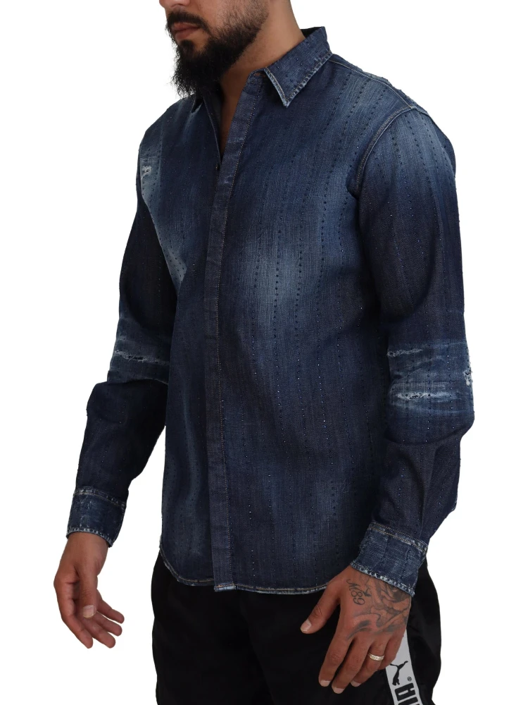 Blue Tattered Crystal Embellished Denim Shirt alternative