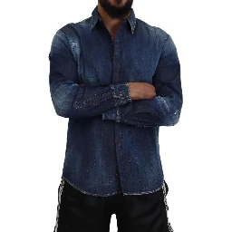 Blue Tattered Crystal Embellished Denim Shirt