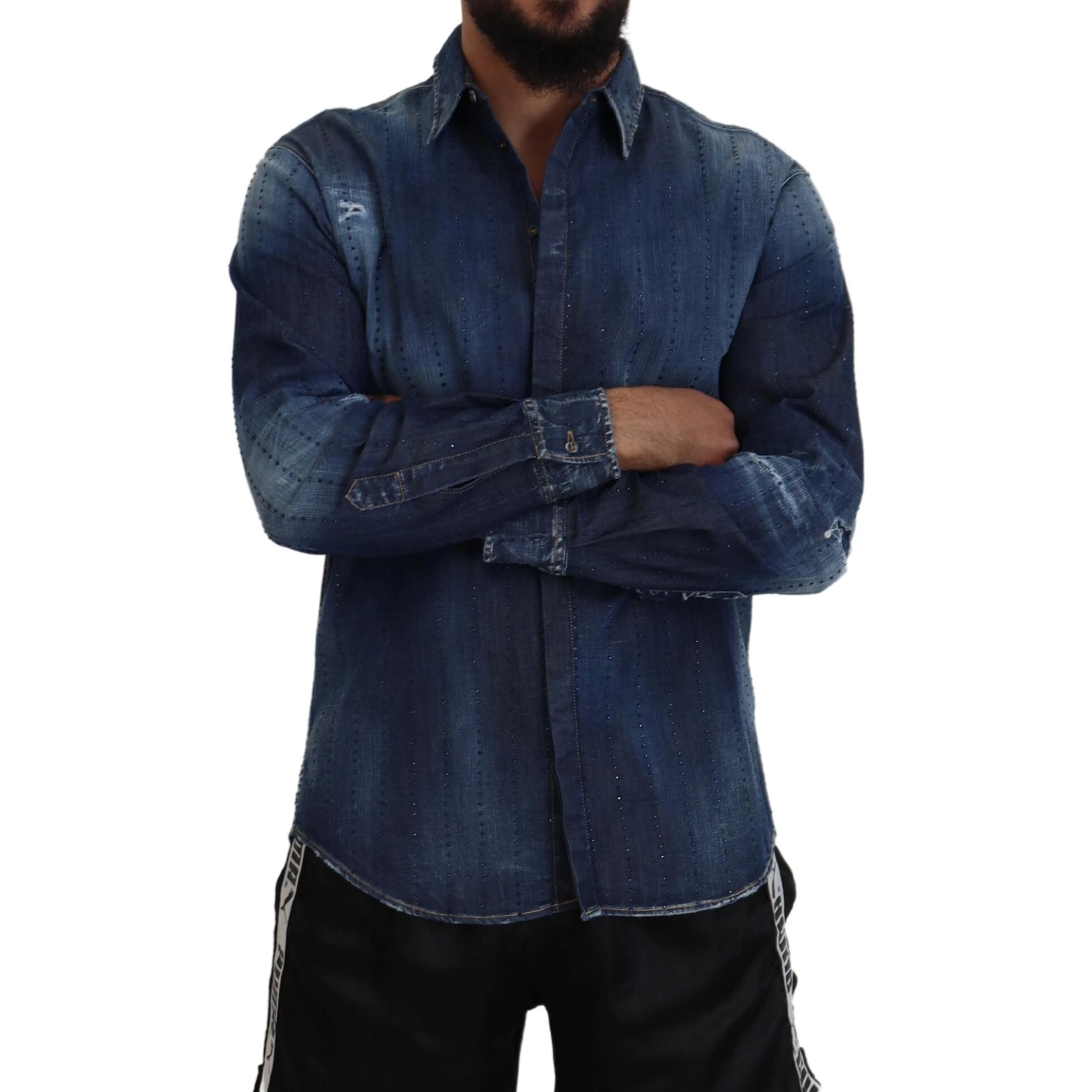 Blue Tattered Crystal Embellished Denim Shirt