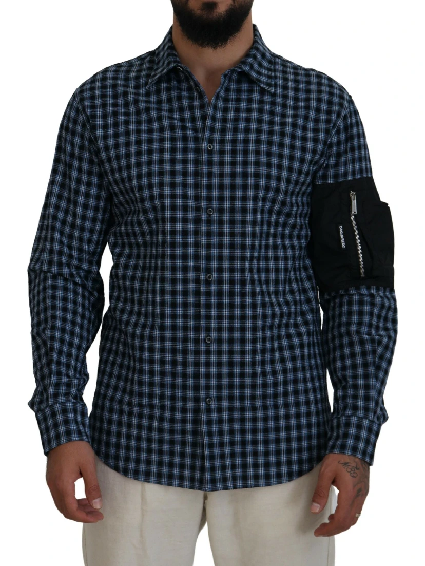 Multicolor Black Arm Plaid Men Long Sleeves Shirt